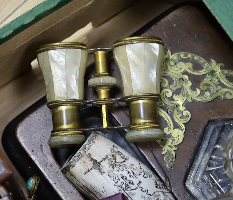 A Victorian brass mounted inkstand, tambour stationery rack and miscellaneous collectables